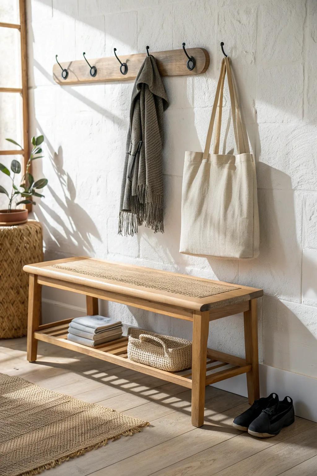 A small oak entryway bench with matte black hooks above—simple, stylish, and drop-zone ready.
