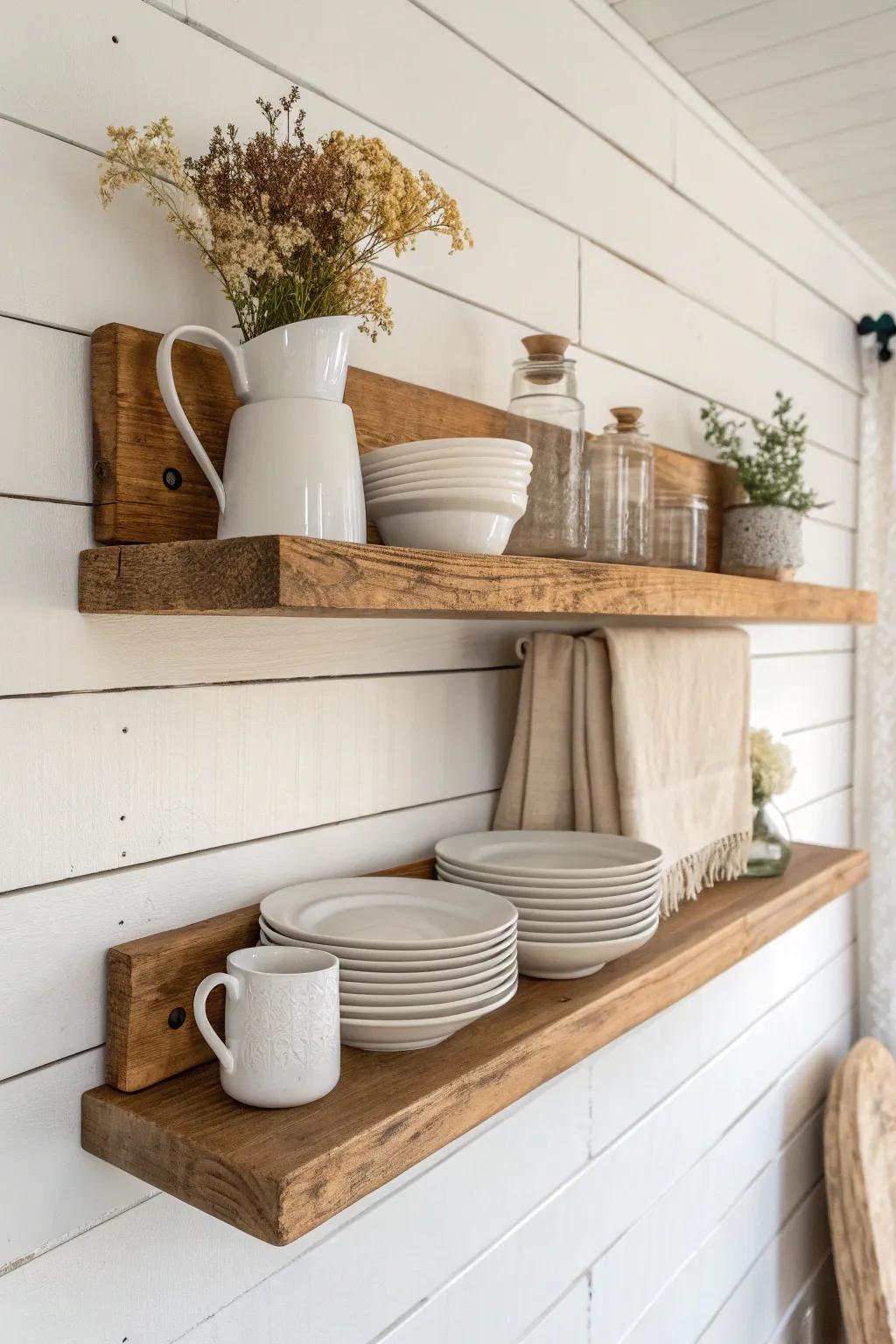 One reclaimed-wood open shelf keeps a tiny farmhouse kitchen airy, simple, and usable.