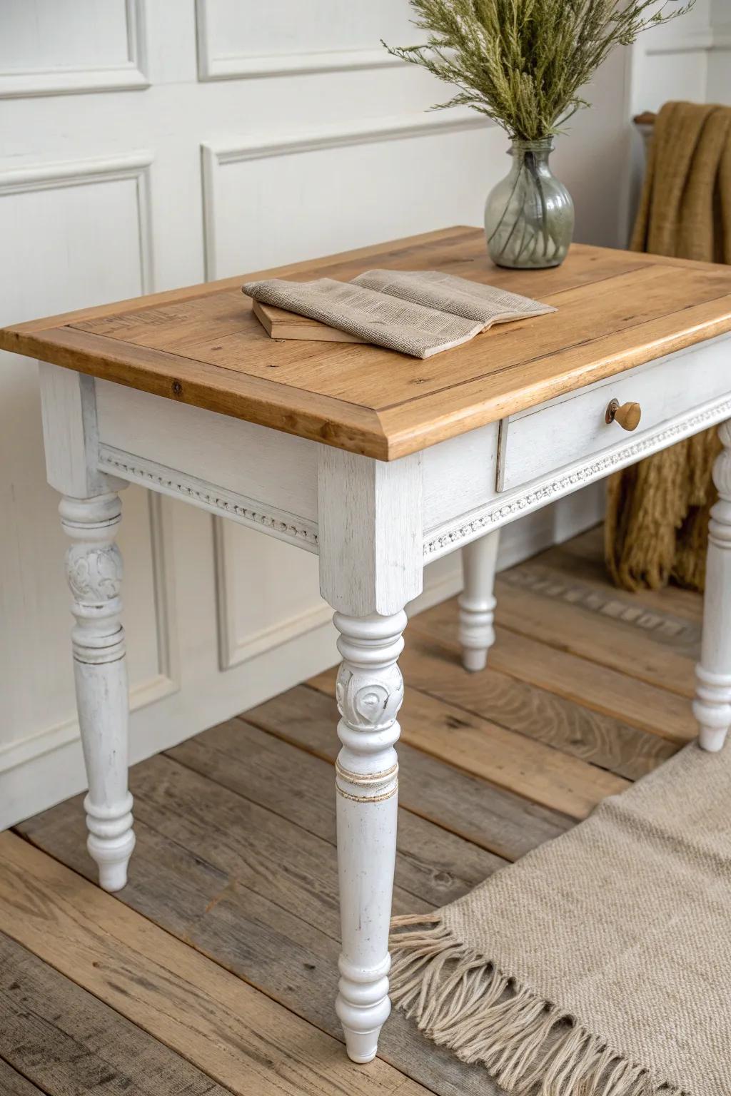 A petite turned-leg table adds vintage farmhouse charm—perfect for a small, cozy office nook.