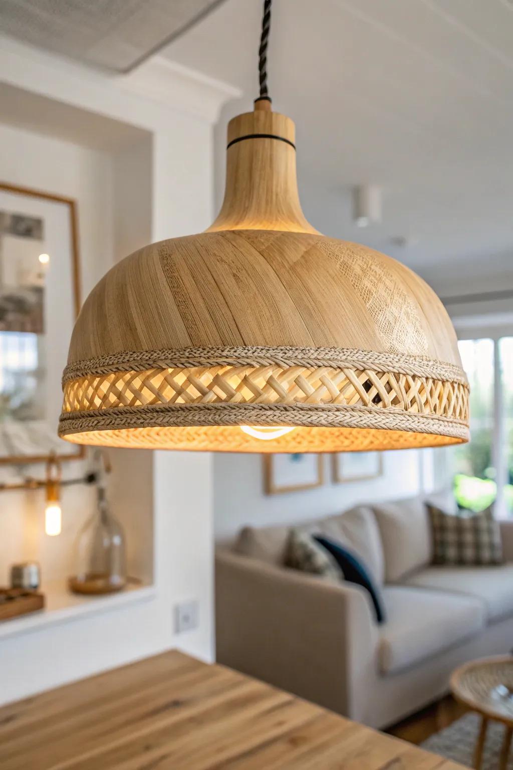 Layered lighting: warm wood pendant defines the kitchen, while the lounge stays soft and calm.