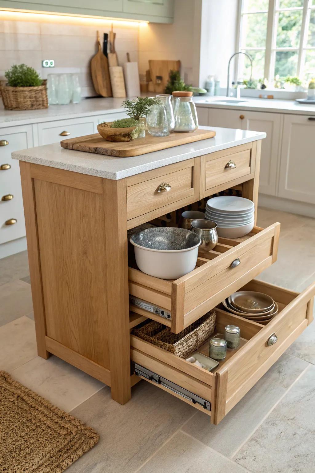 Deep island drawers keep pots, pans, and bowls easy to grab in a small L-shaped kitchen.