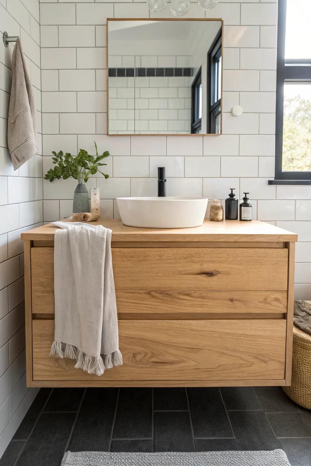 White subway tile with dark grout frames a warm oak vanity for a crisp modern-farmhouse look.