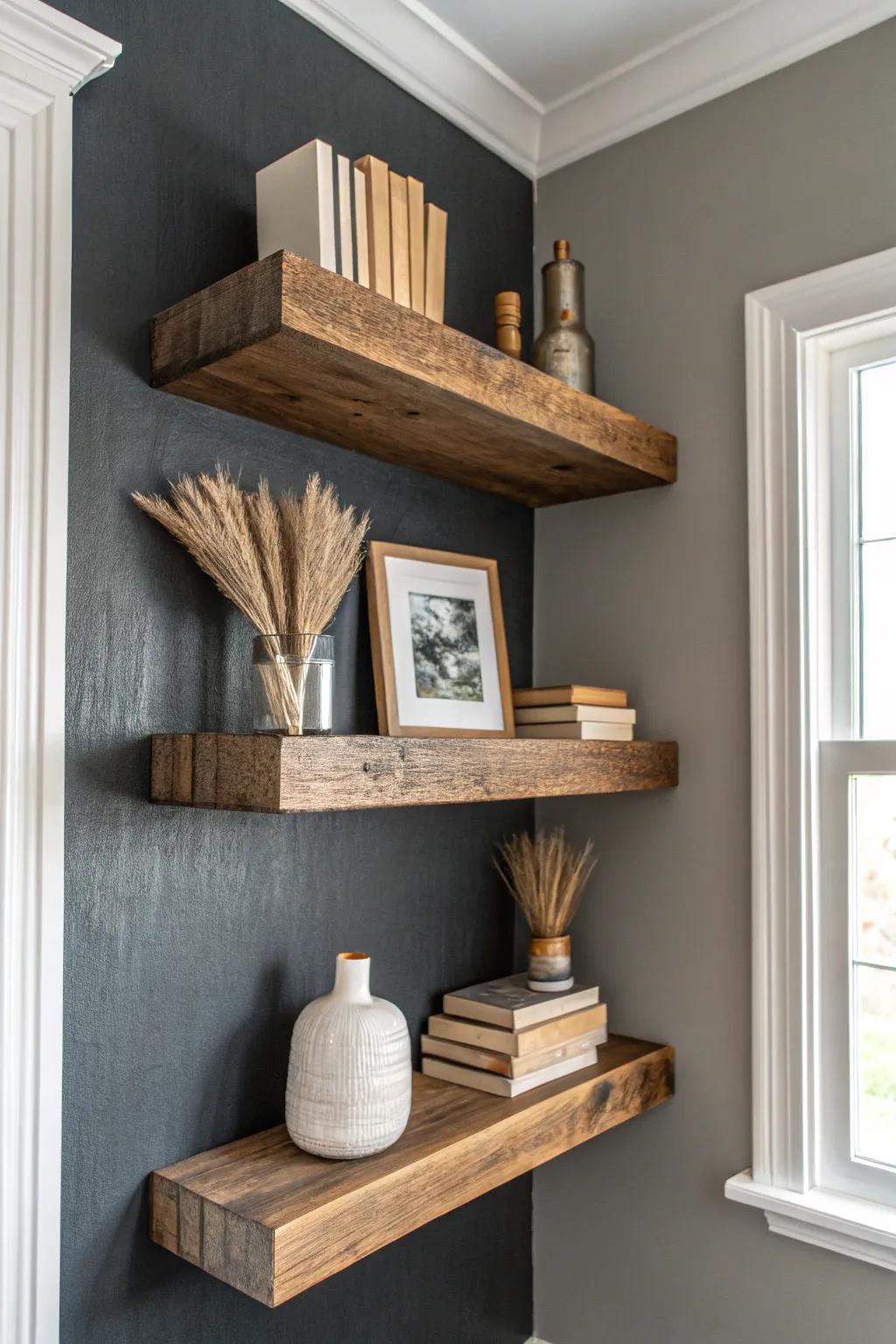 Chunky reclaimed-wood floating shelves on a moody accent wall—library vibes, zero bulk.