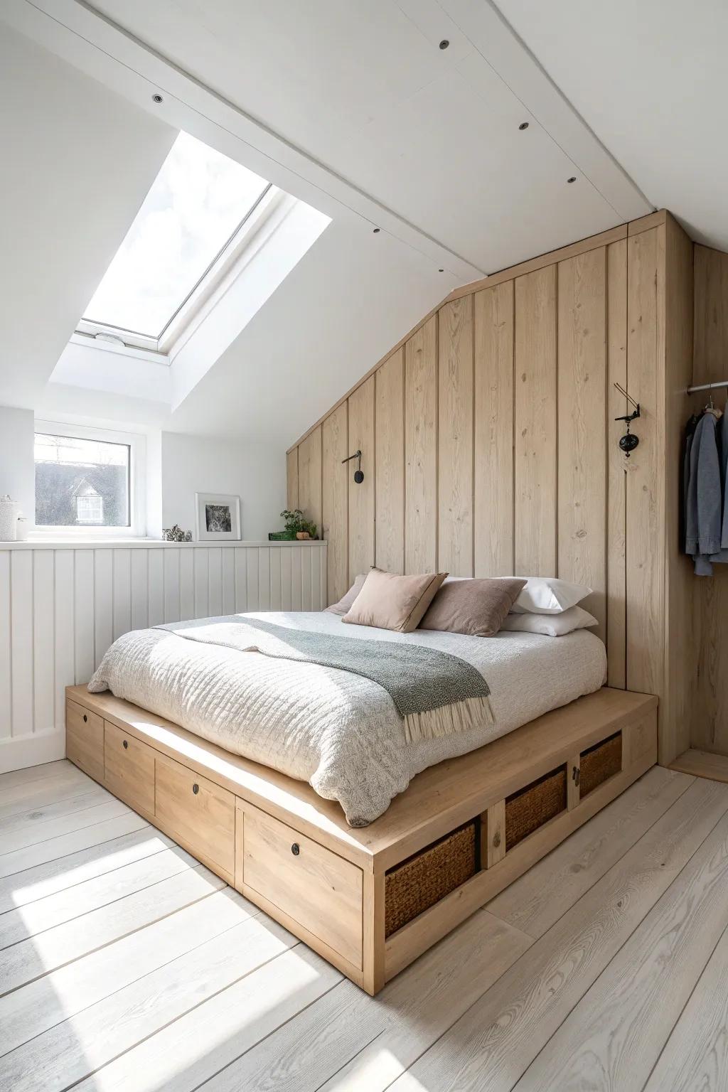 Wall-to-wall raised platform bed with scribed trim—seamless, built-in, and perfect for tiny rooms.