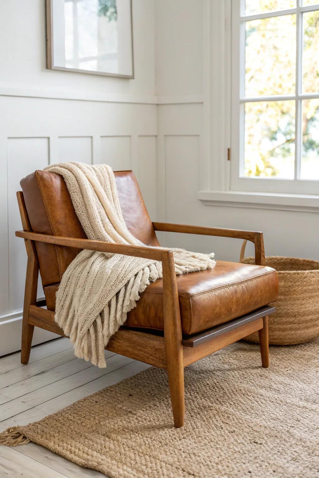 A single worn leather chair with a soft throw adds lodge warmth without crowding your small room.