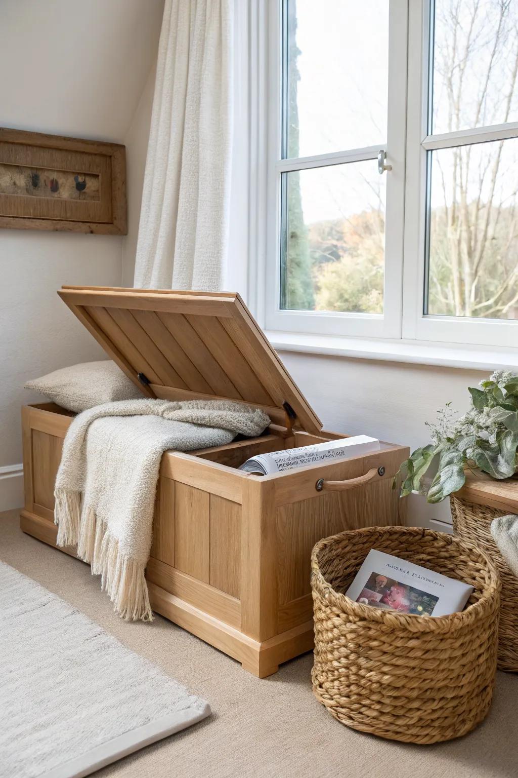 A cozy window-nook bench that hides blankets and books—perfect for small bedroom spaces.
