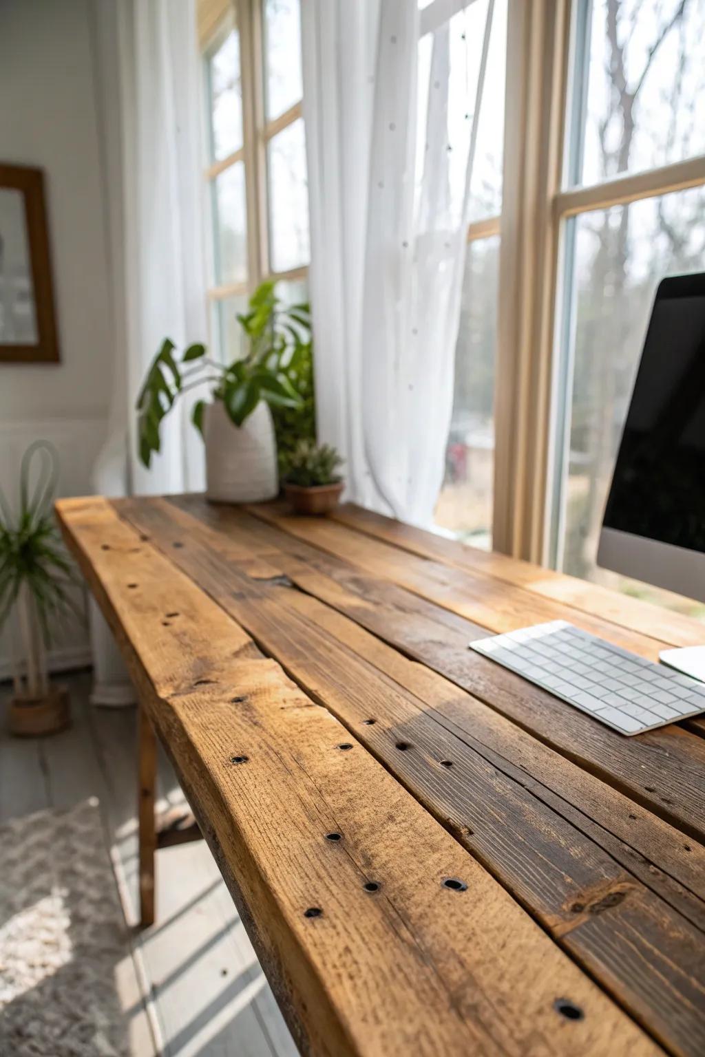 A reclaimed-wood desktop adds soulful warmth and texture to an airy, all-glass sunroom office.