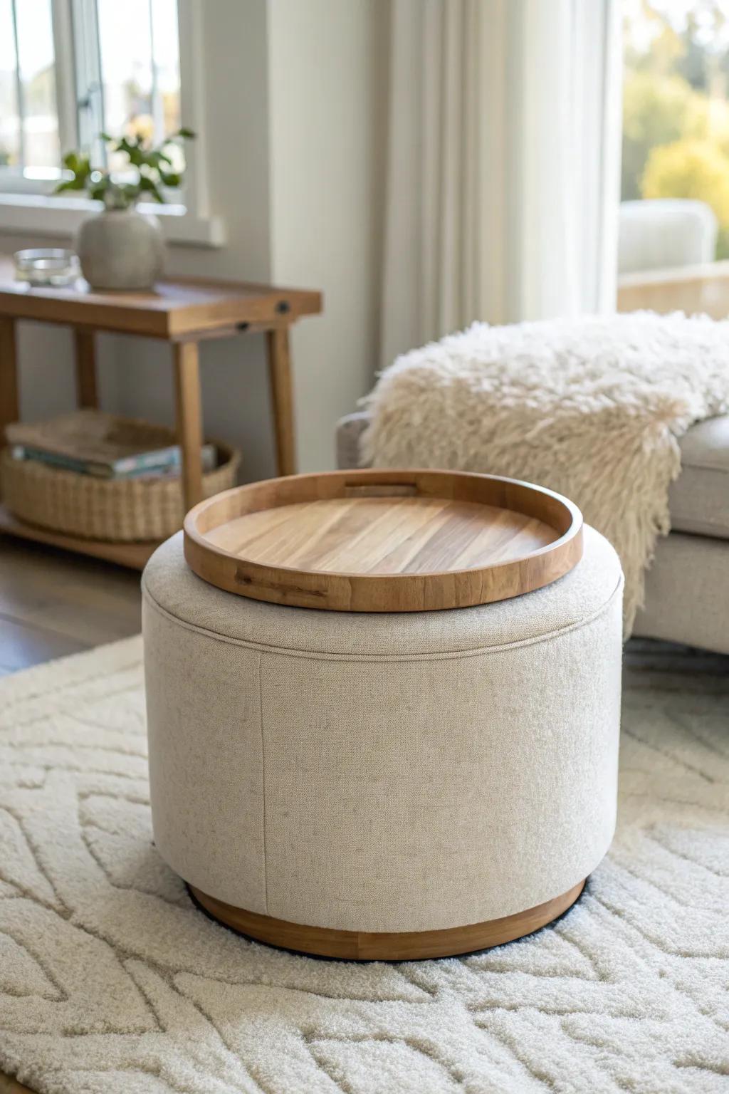 Swap your coffee table for a cozy storage ottoman—soft, stylish, and perfect for small spaces.