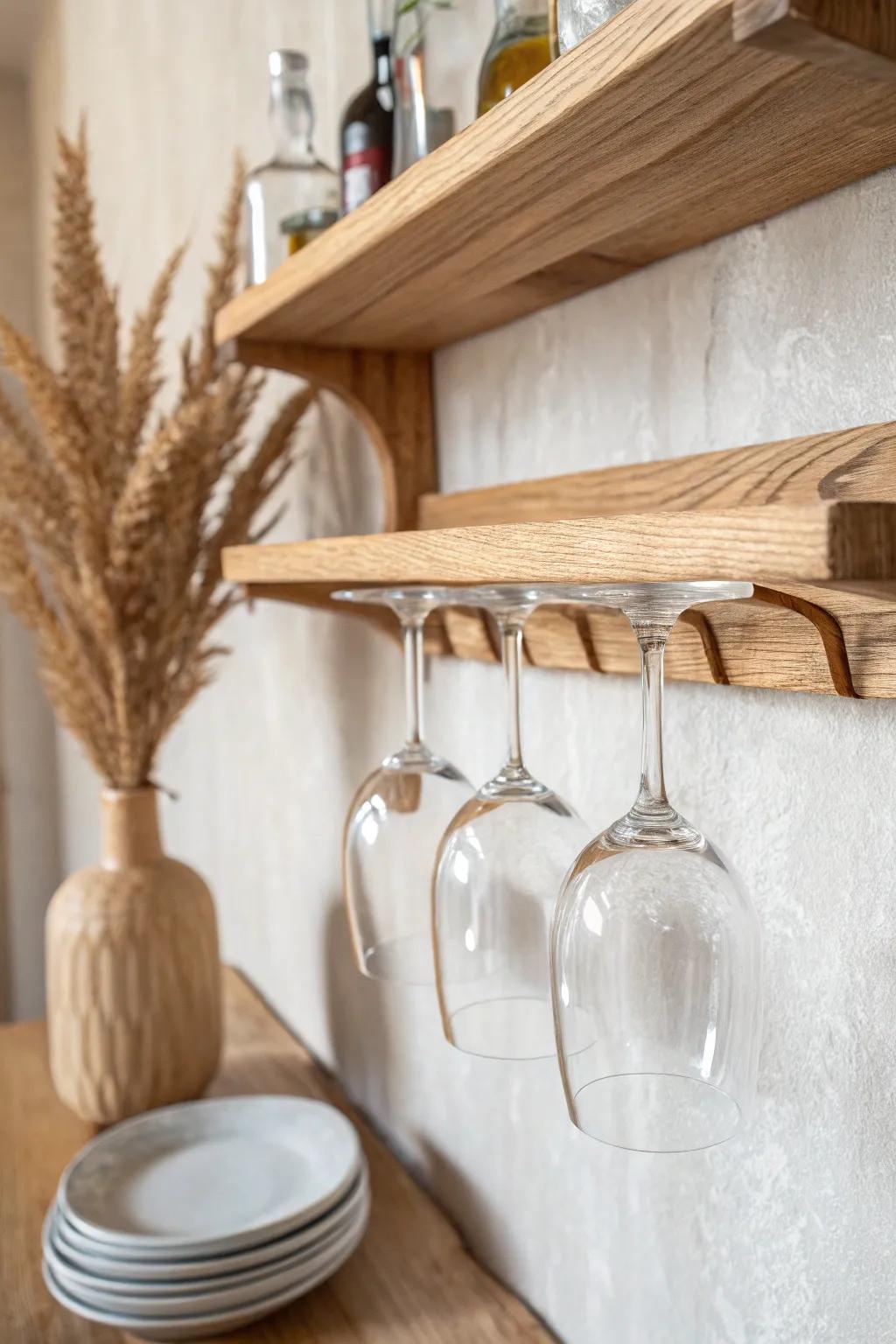 Handmade stemware rail under a simple oak shelf—keeps counters clear and looks refined.