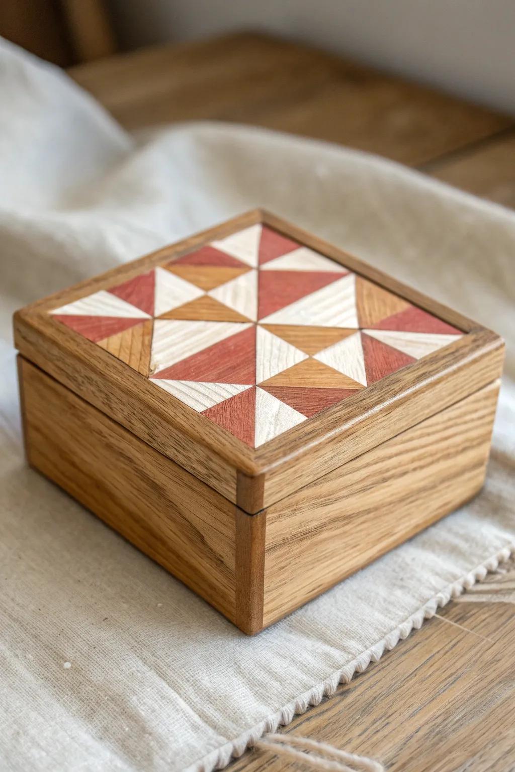 Painter’s-tape geometric blocks in two tones—modern, cozy, and perfect on a small wood box.