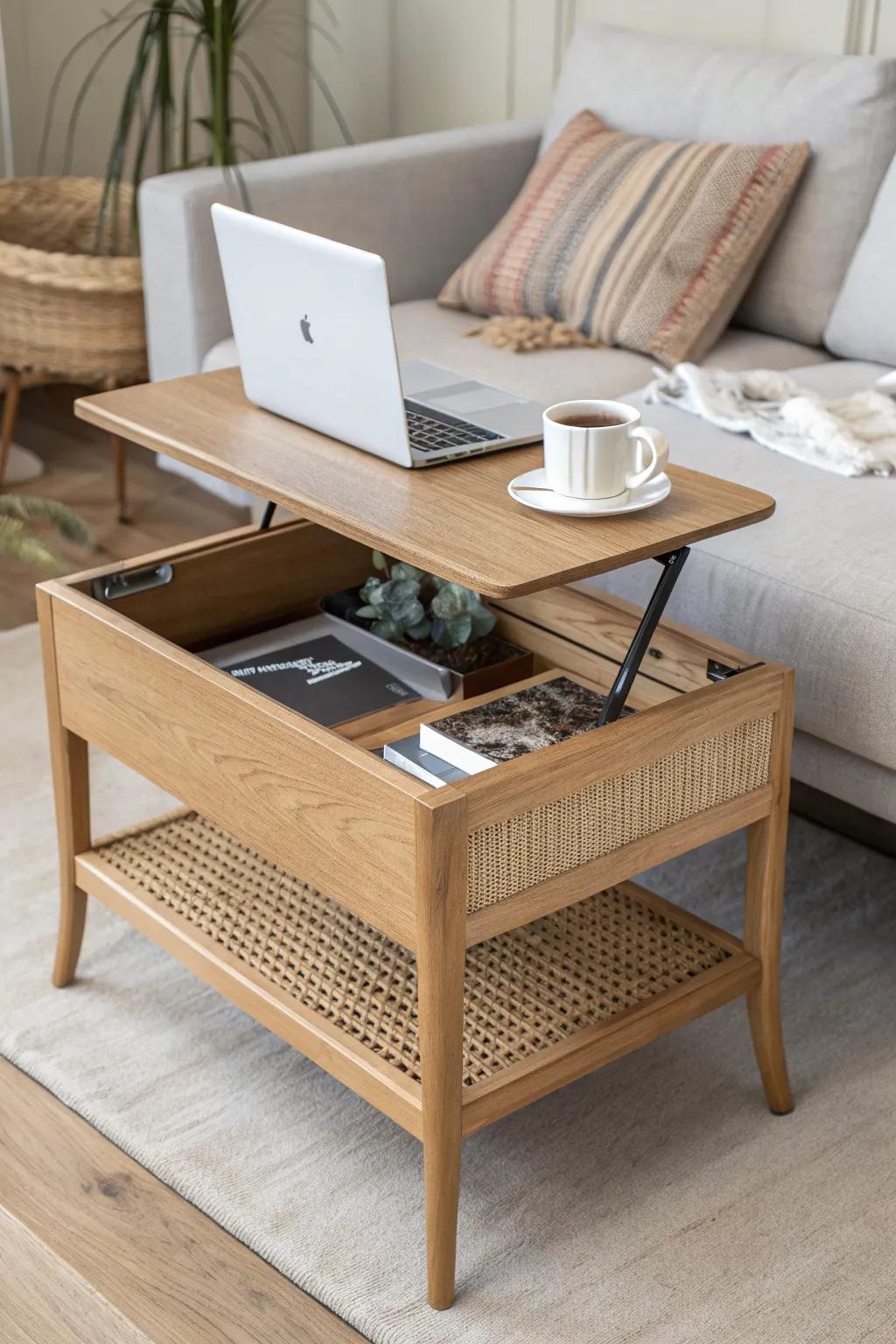 Lift-top oak side table: a small, elegant couch workstation for snacks, notes, and calm.