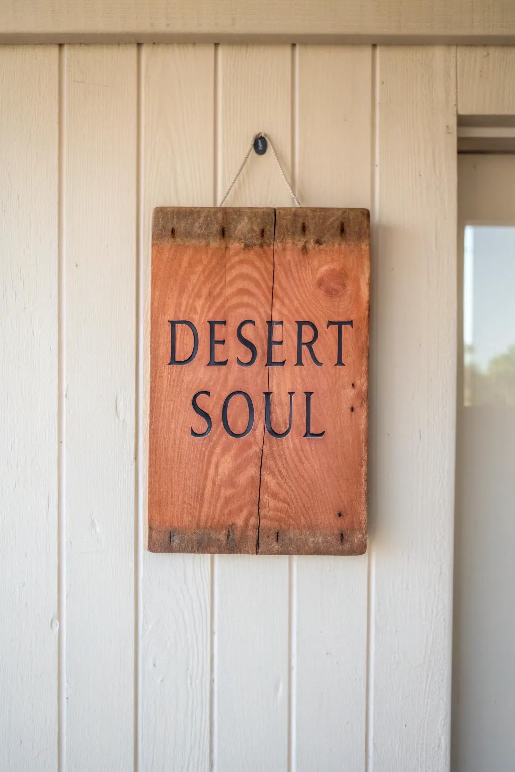 Rustic Southwest typography on sun-washed wood—minimal, handmade, and beautifully timeworn.