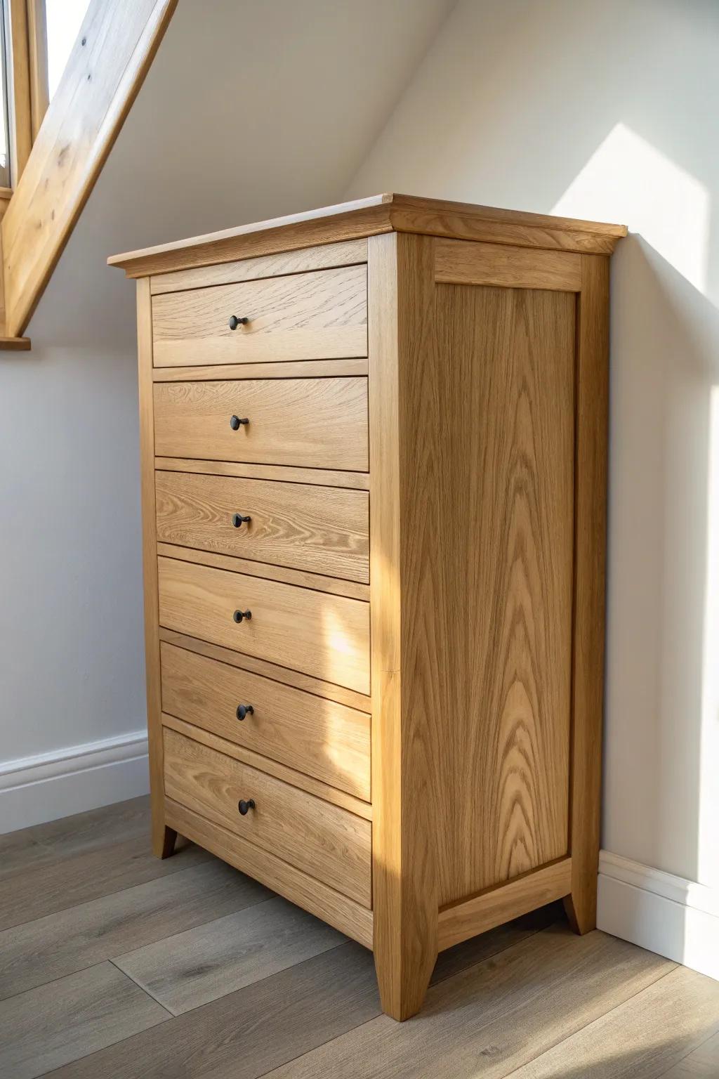 Make awkward corners work: a slim, angled oak dresser with clean lines and warm boho detail.