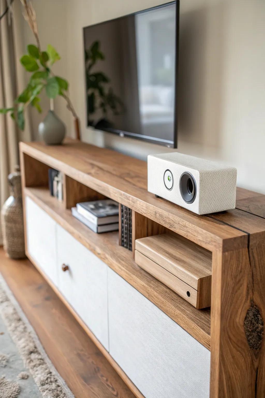 A mantel-style speaker shelf adds wide soundstage space while keeping the console top clean.