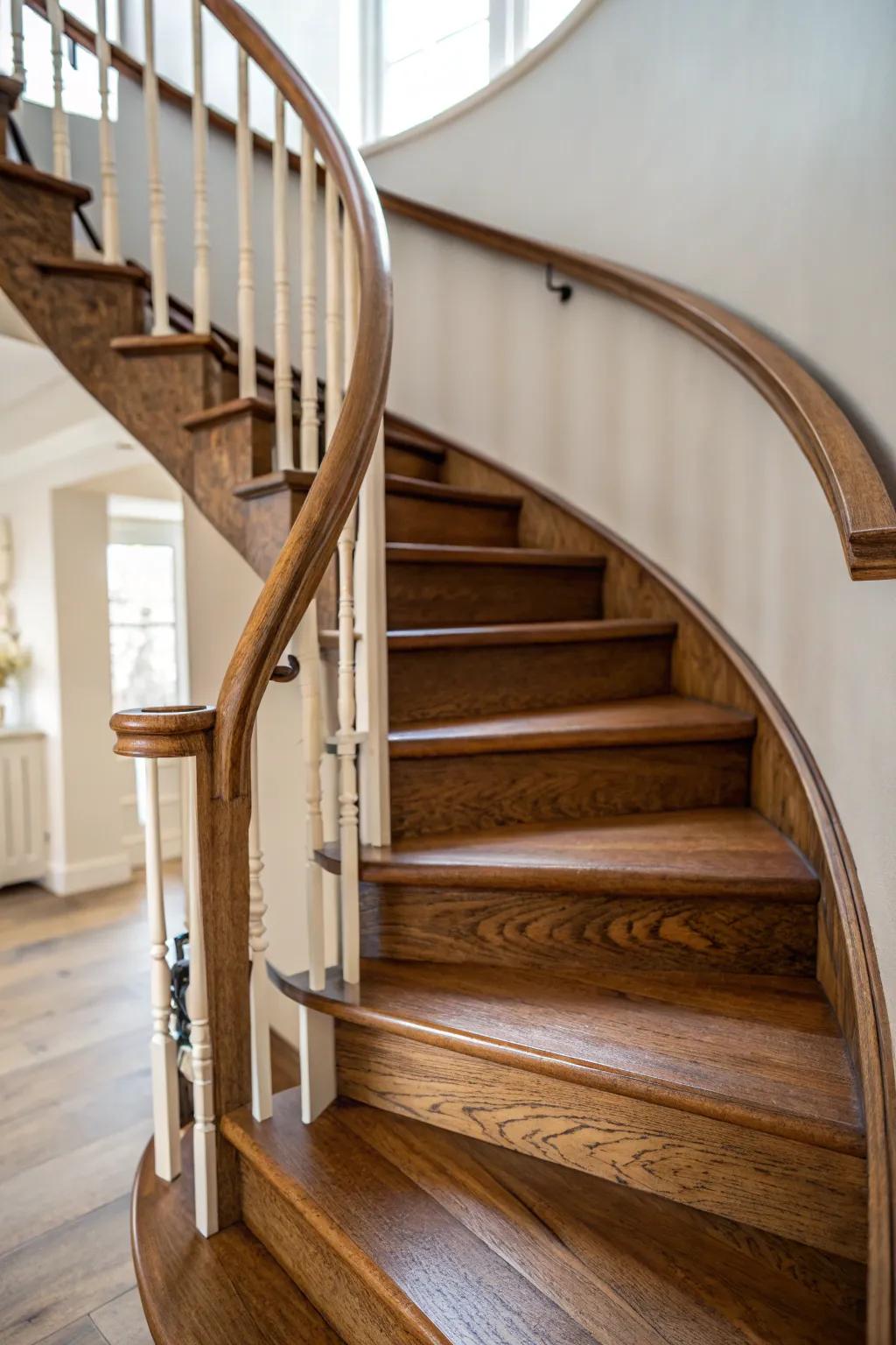 A rich new stain turns a spiral stair tread into a warm, grain-forward statement piece.
