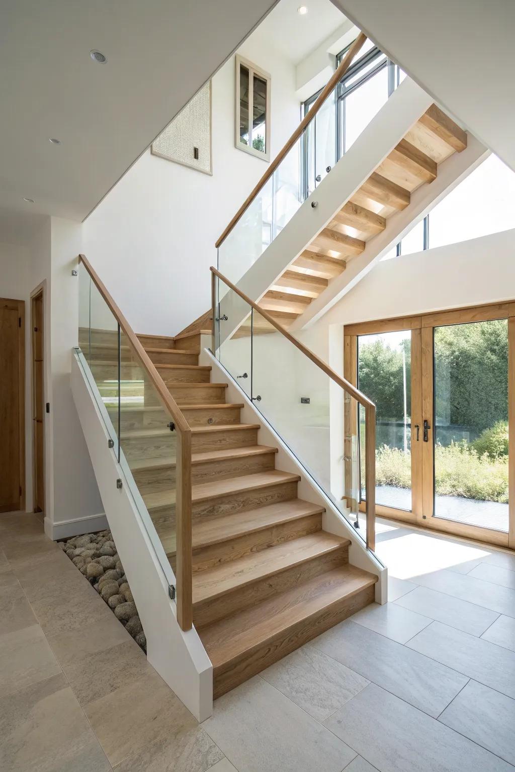 Light-filled split staircase with glass panels—clean lines, warm oak, and airy elegance.