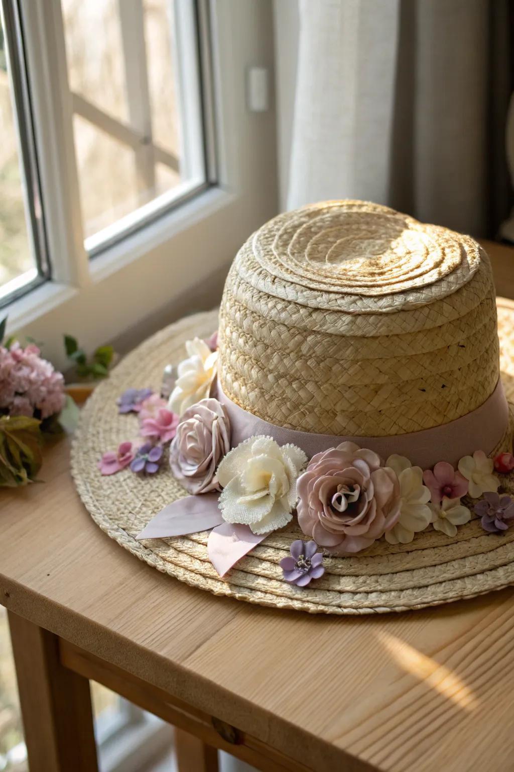 Embrace the beauty of spring with handcrafted paper flowers on your hat. A touch of nature and art combined!