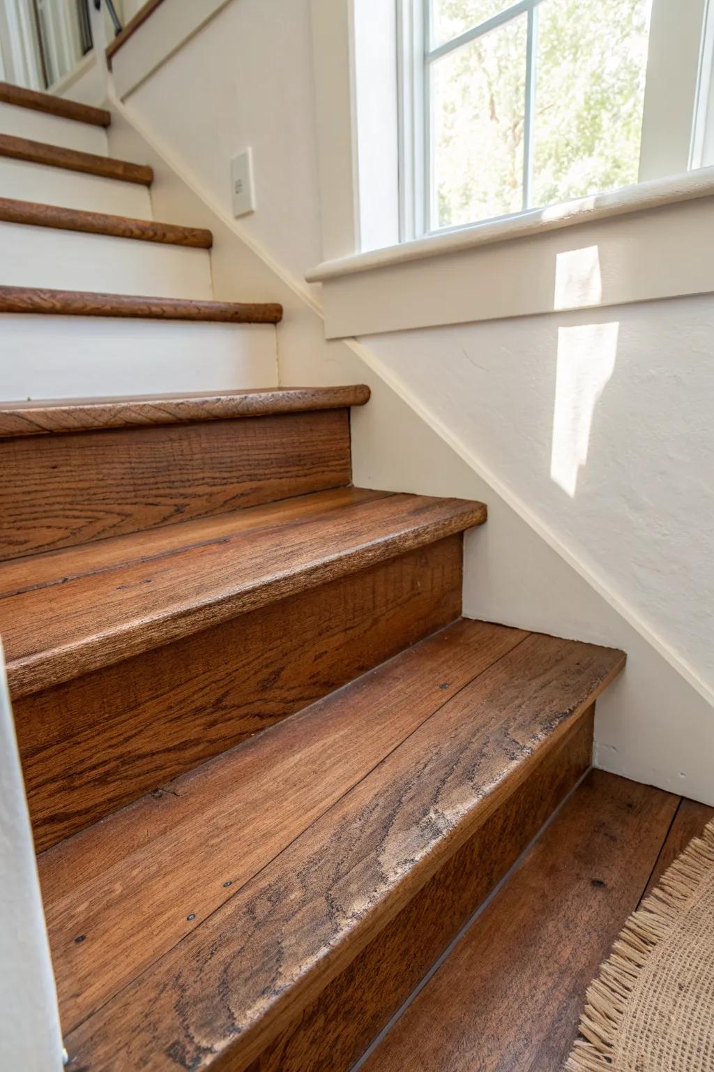 Red-brown stain adds vintage warmth and brings out every oak grain line on the stairs.