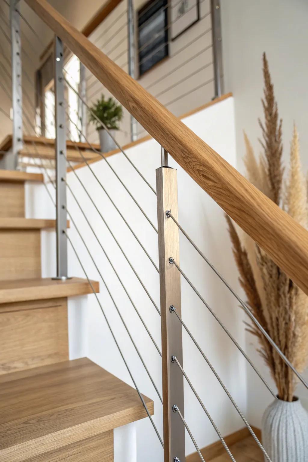 Sleek cable railing, warm wood top rail—open sightlines with a cozy handhold.