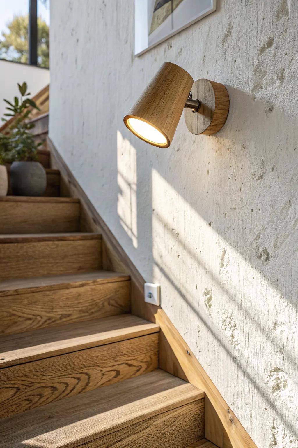 Adjustable oak spot aimed at the landing—warm, focused light that flatters wood grain.