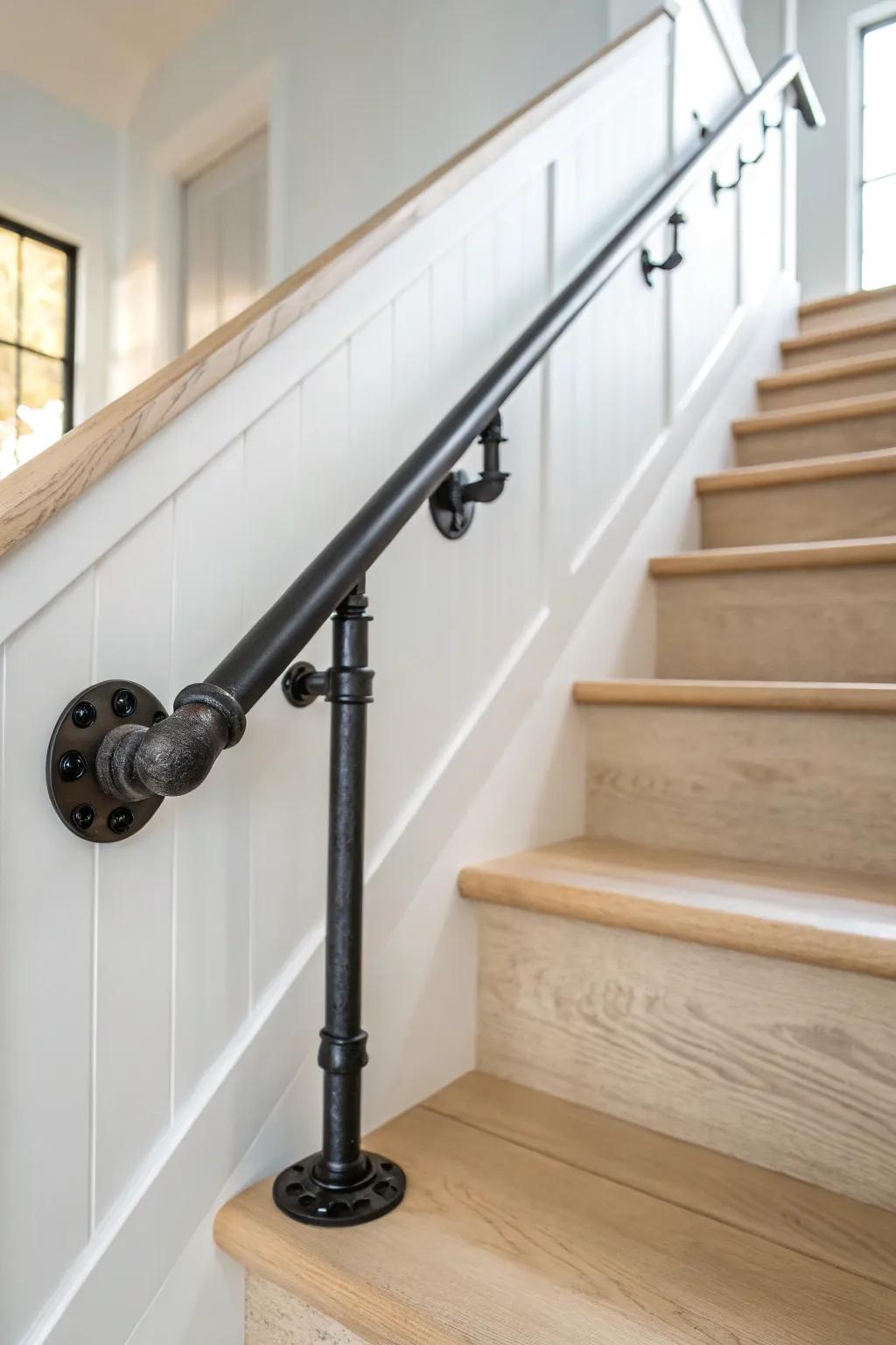 Matte-black pipe rail on pale oak stairs—industrial edge, Scandinavian calm, handmade feel.