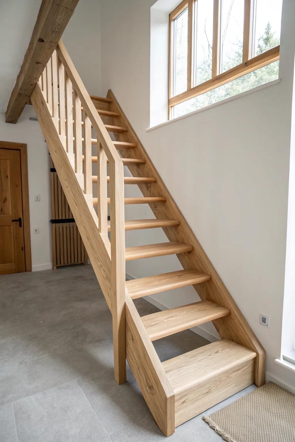 Alternating-tread oak stairs—beautifully compact loft access with a confident, crafted handrail.