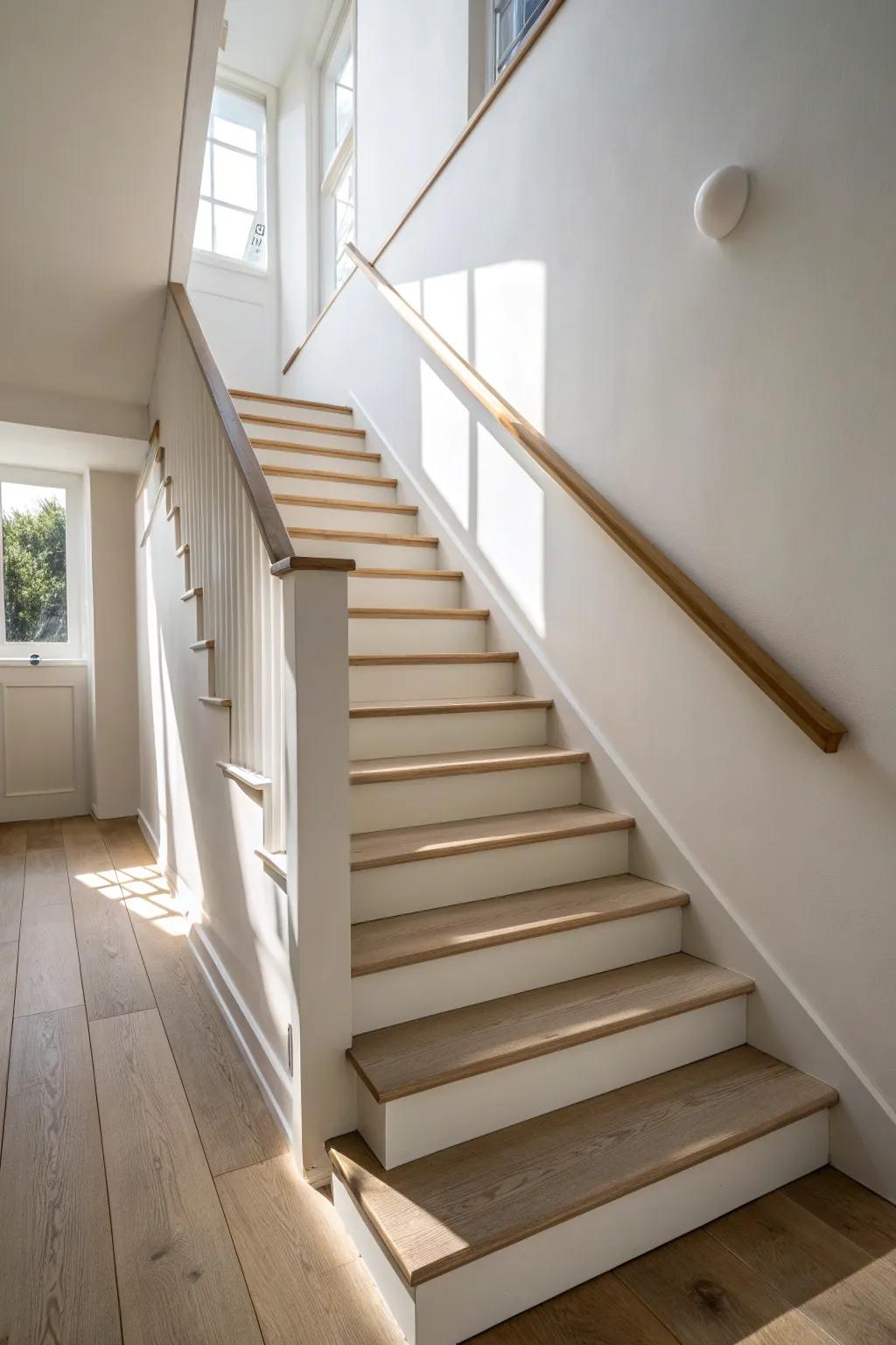 One shade on treads + risers creates calm, streamlined stairs—perfect for tight hallways.
