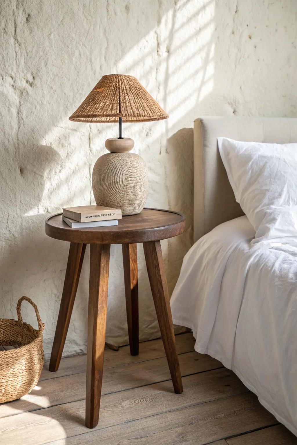 A simple wooden stool becomes the sweetest mini nightstand—just add a petite lamp.