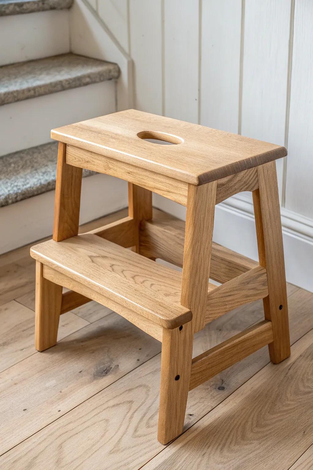 A minimalist two-step oak stool with an easy-grab handle cutout—pretty, practical, and handmade.