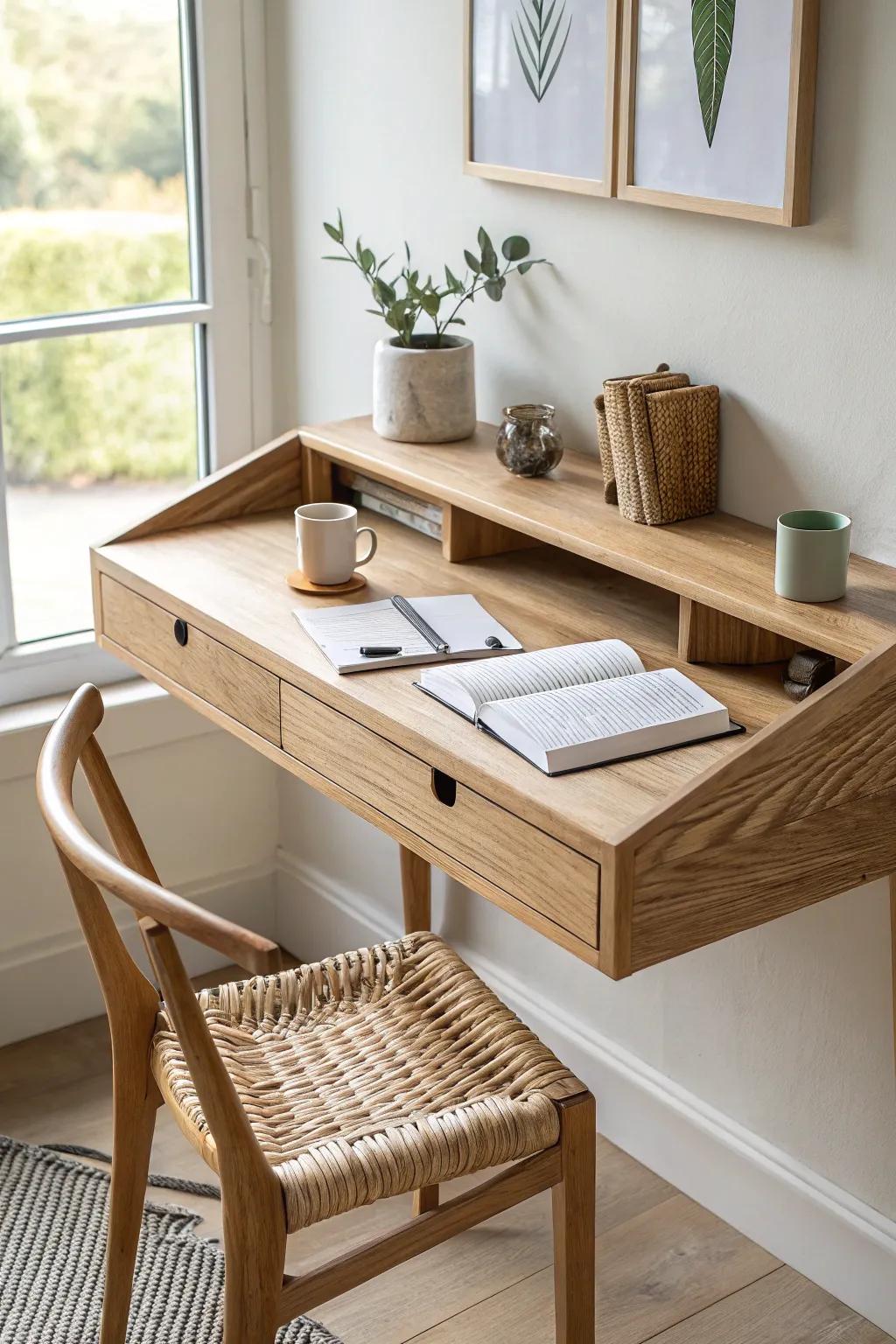 A sleek oak floating desk that saves floor space and adds warm, handcrafted style.