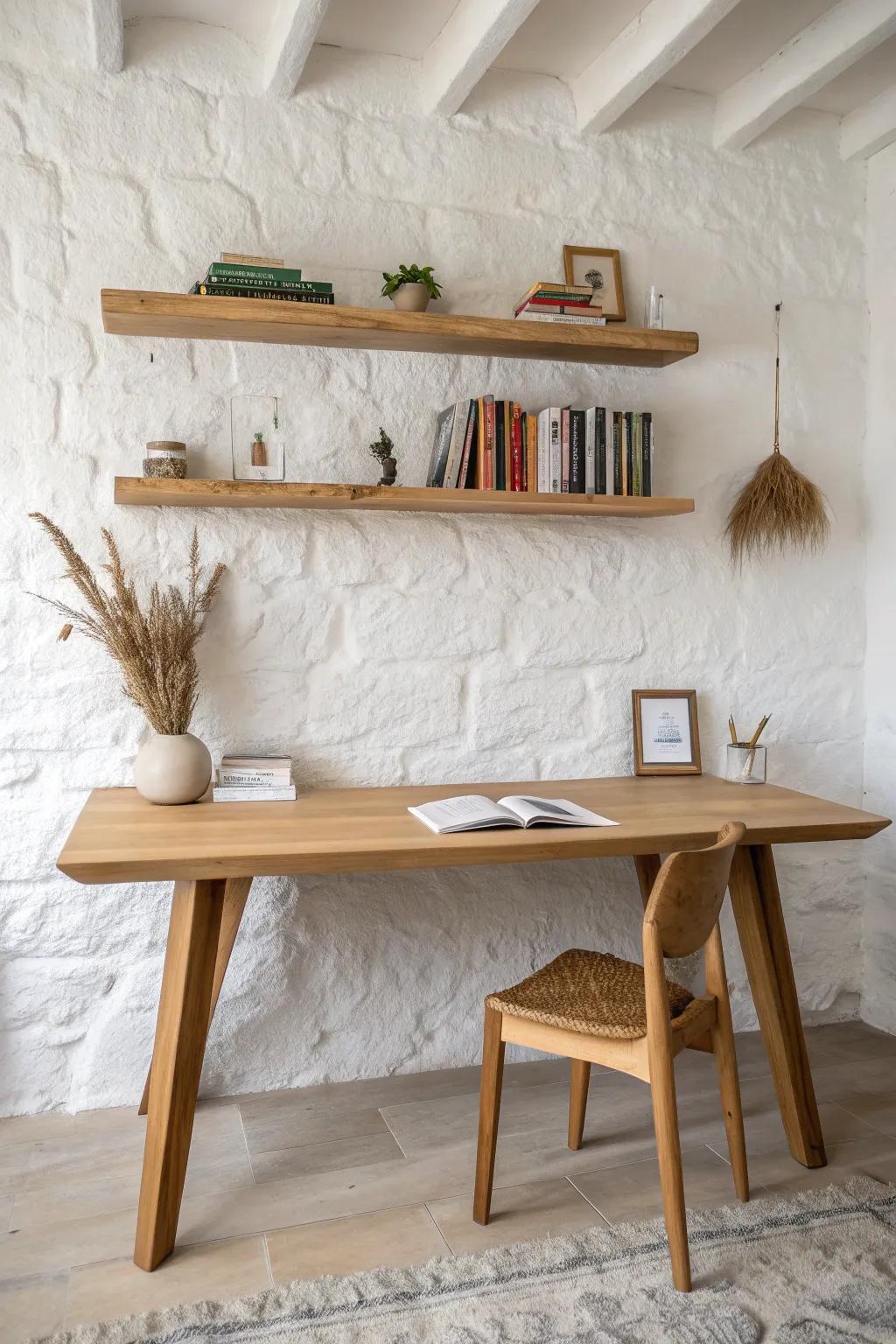 A wall-to-wall oak study table that feels built-in—two seats, clean lines, zero clutter.