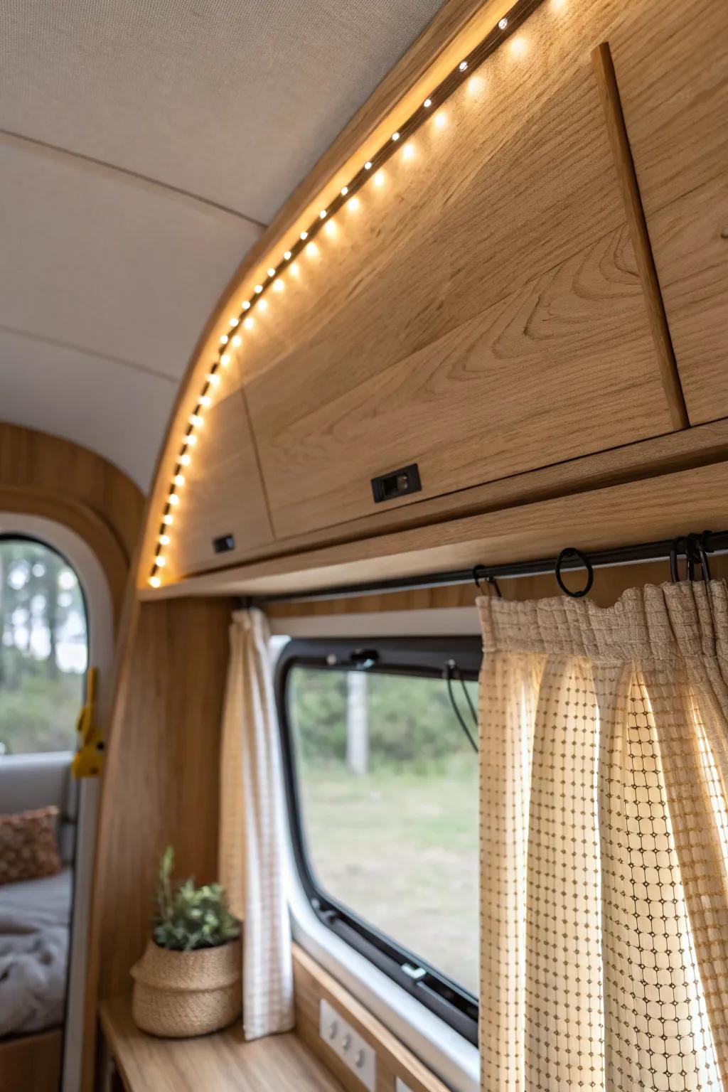 Hidden LED strips behind a slim wood valance create a warm, candlelike glow in a teardrop camper.