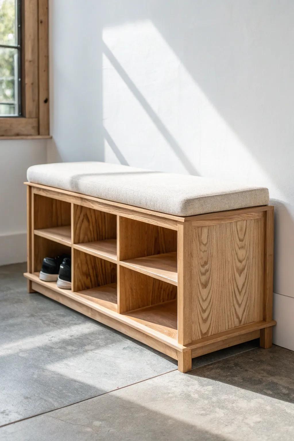 A calm mudroom hero: oak shoe-storage bench with cubbies and a cozy linen cushion.