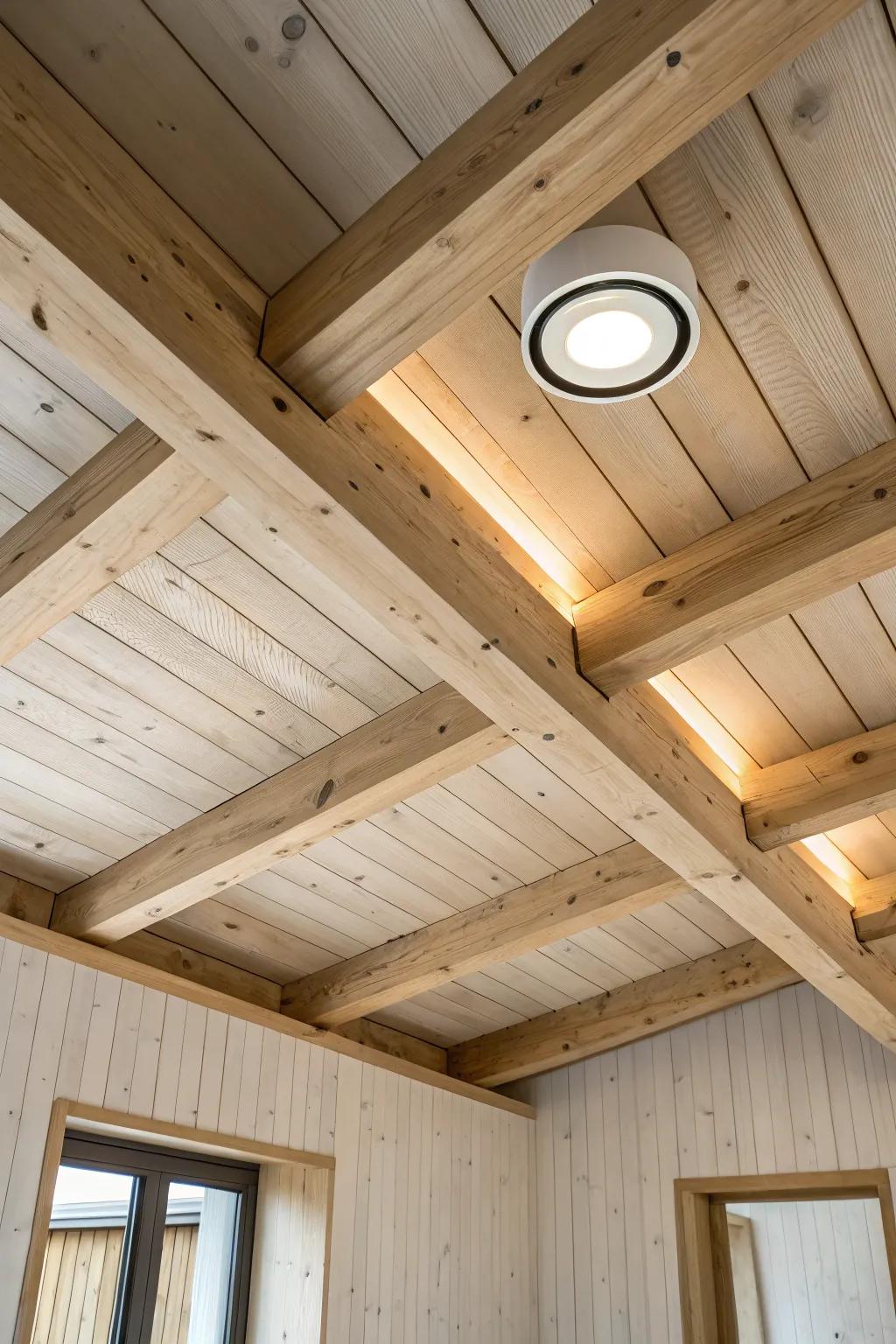 Invisible glow: low-profile recessed light nestled between timbers for calm, even ambiance.