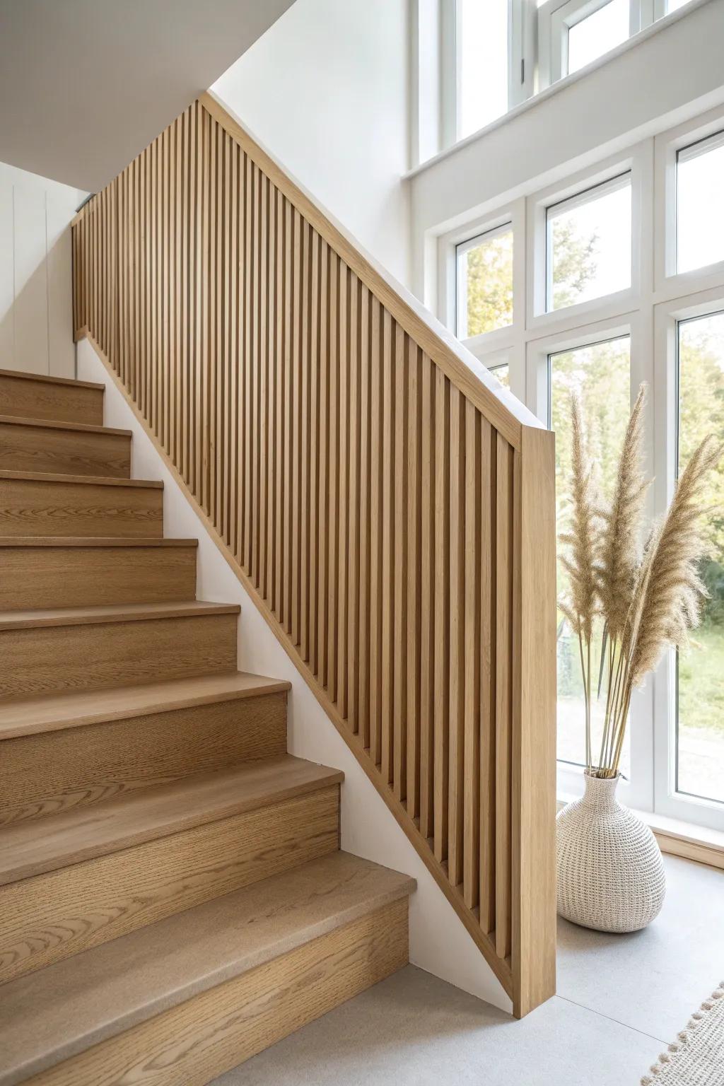 Vertical tongue-and-groove oak adds instant height and polish to tight stair landings.