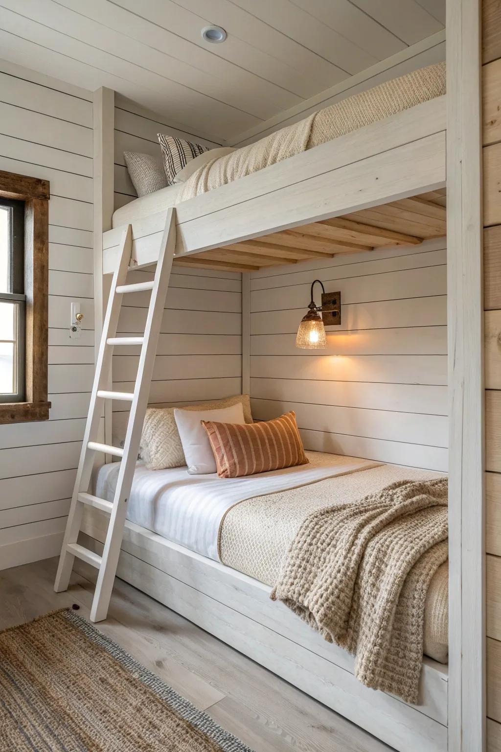 Shiplap surround turns the top bunk into a cozy cabin-style nook with clean Scandinavian warmth.
