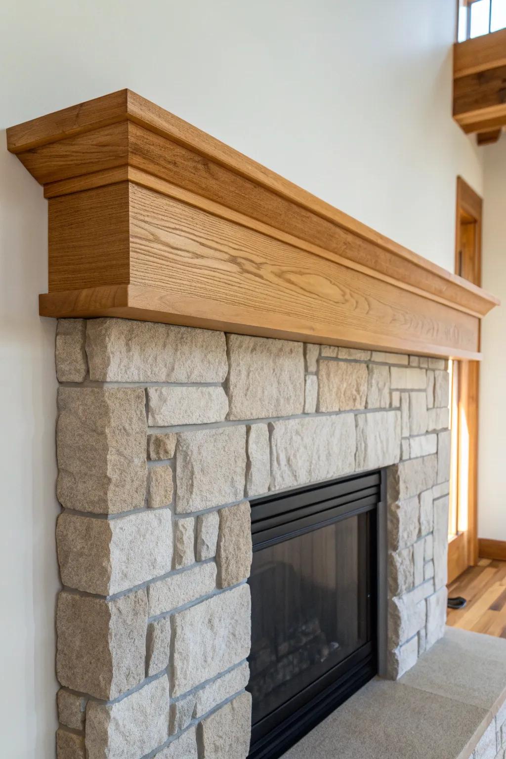 Simple oak mantel meets textured stone surround—classic lodge warmth with a clean, modern finish.