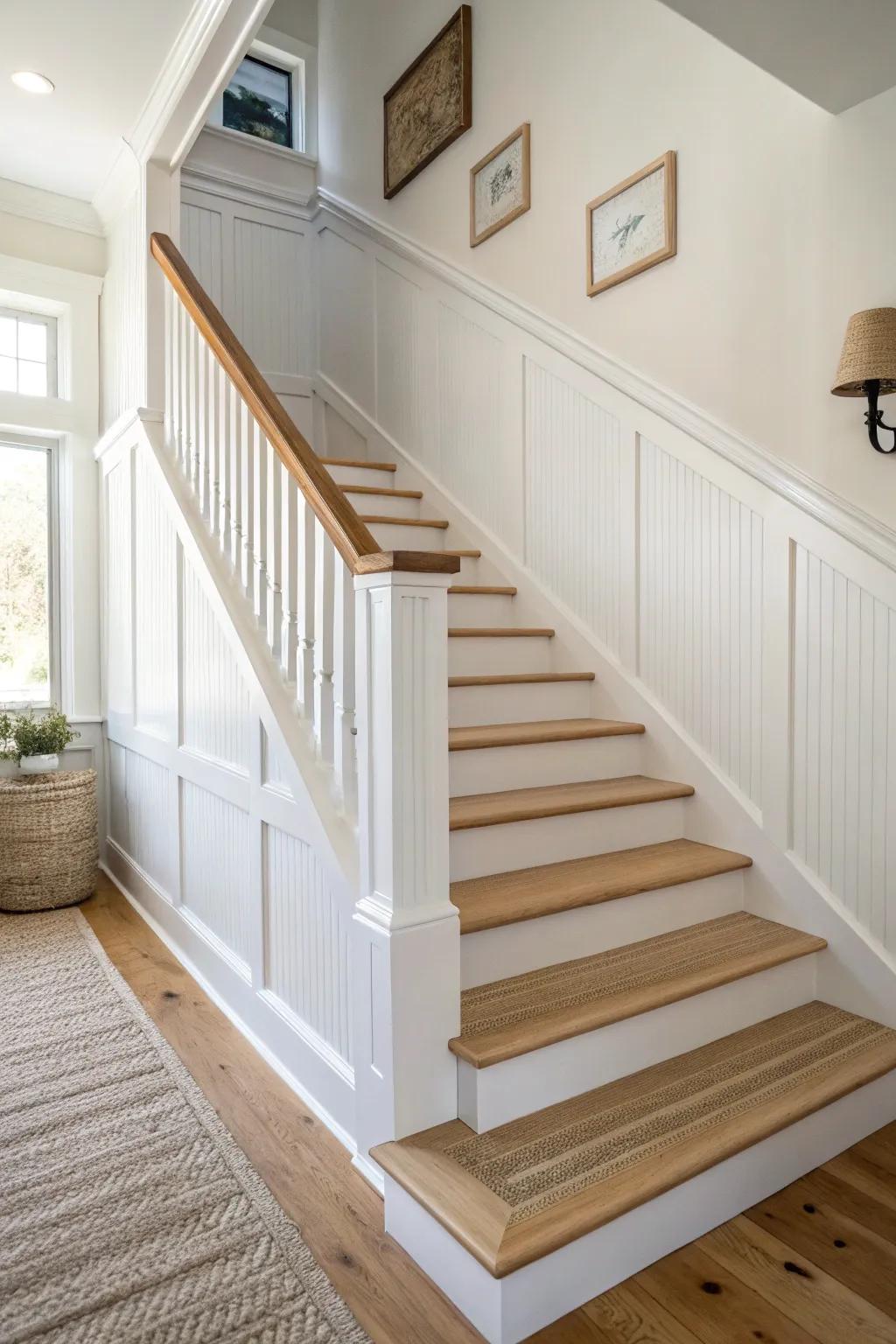 Cozy beadboard wainscot under a stair rail—clean trim lines and cottage texture, perfectly minimal.