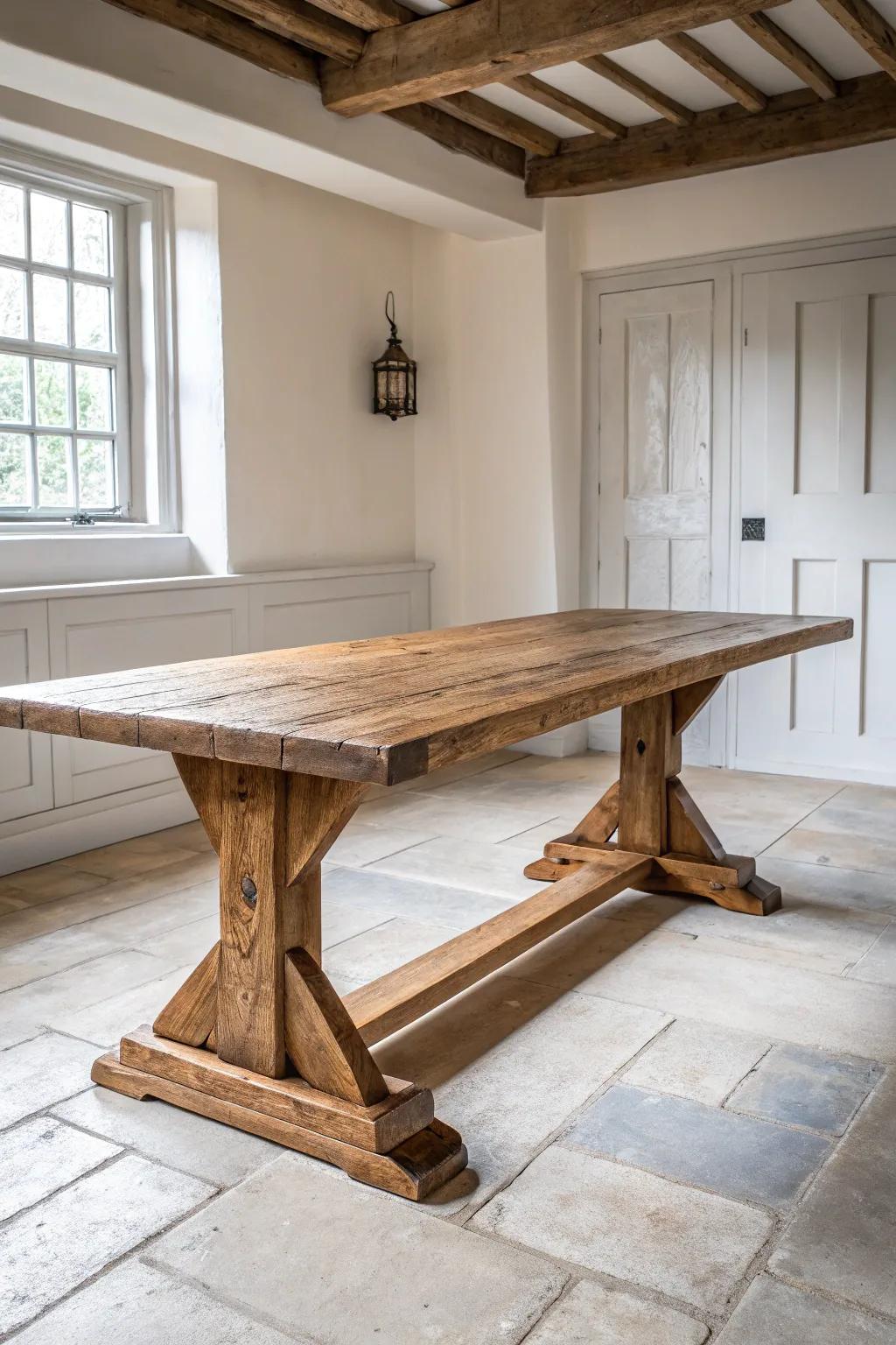 A thick, distressed farmhouse table that welcomes wine rings—Tuscan warmth with modern calm.