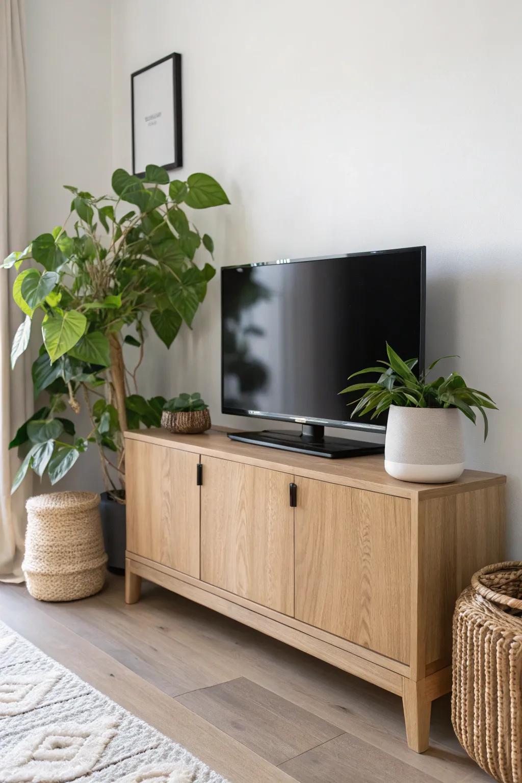 A trailing green plant in a chunky ceramic pot makes the TV corner feel warm and alive.