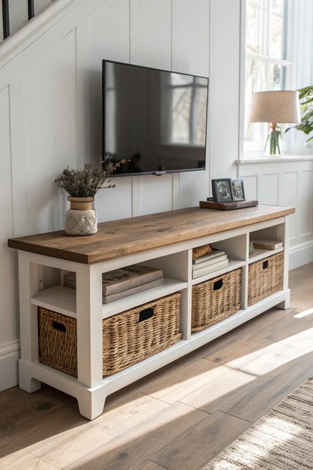 A thick wooden storage bench doubles as a TV stand—warm wood, hidden baskets, clean calm.