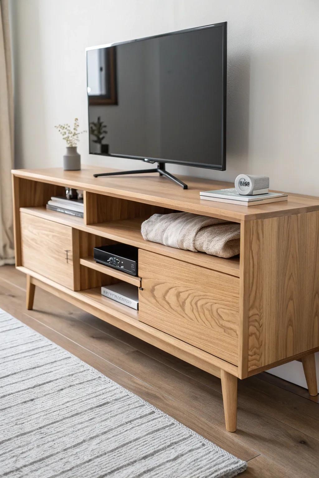 Airy open-shelf oak media console—minimal, handcrafted, and tidy cables for a calm bedroom.