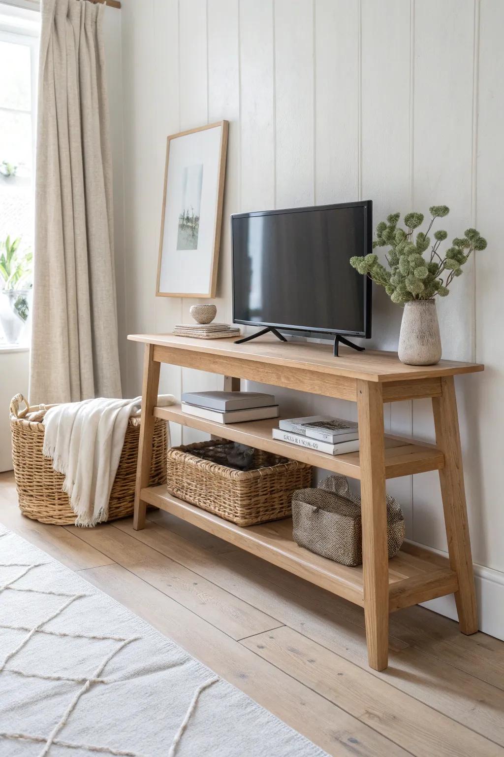 Ultra-slim console table TV stand: light oak, hidden storage basket, small-room friendly.