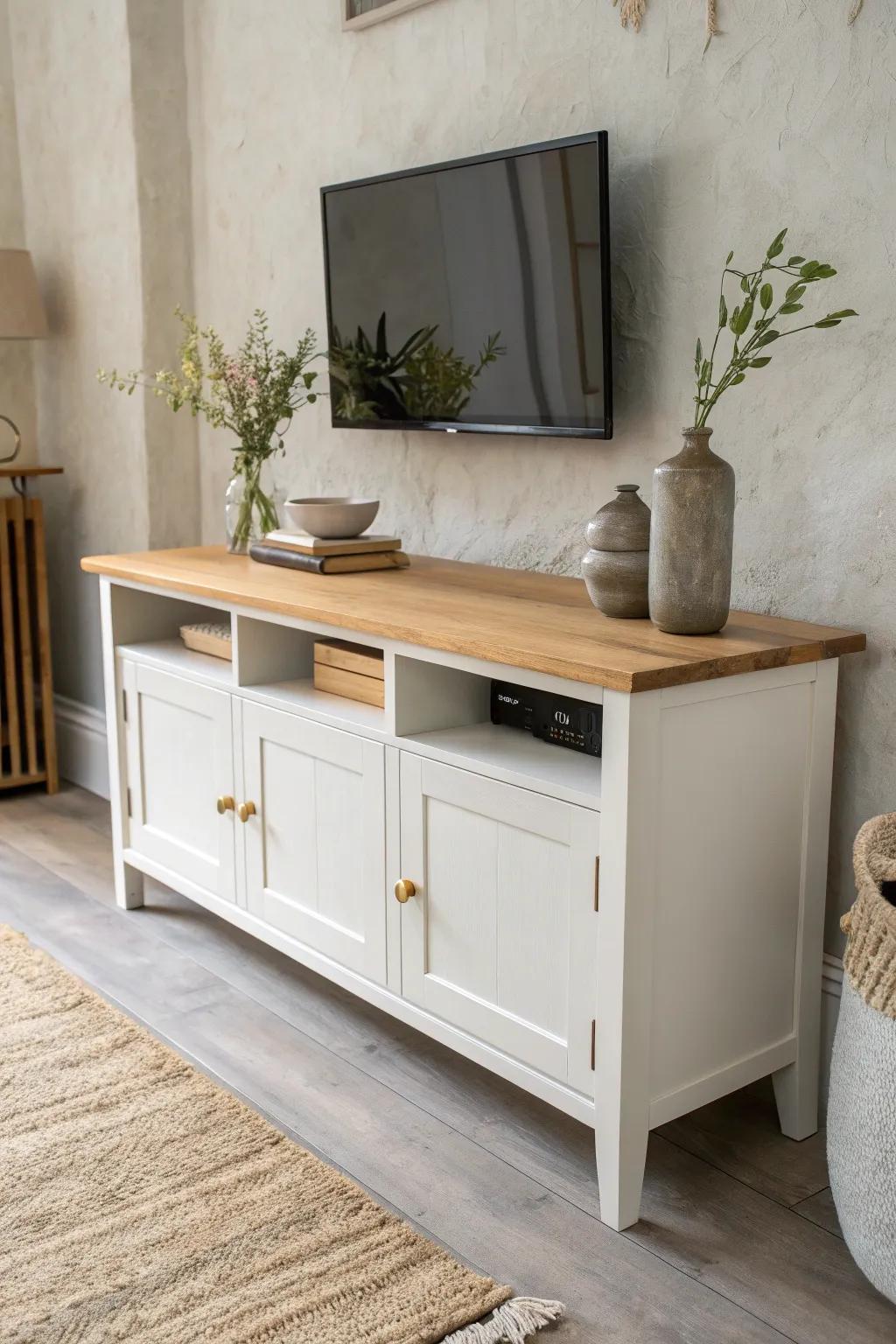 Two-tone TV unit: warm butcher-block top and matte painted base for modern farmhouse calm.