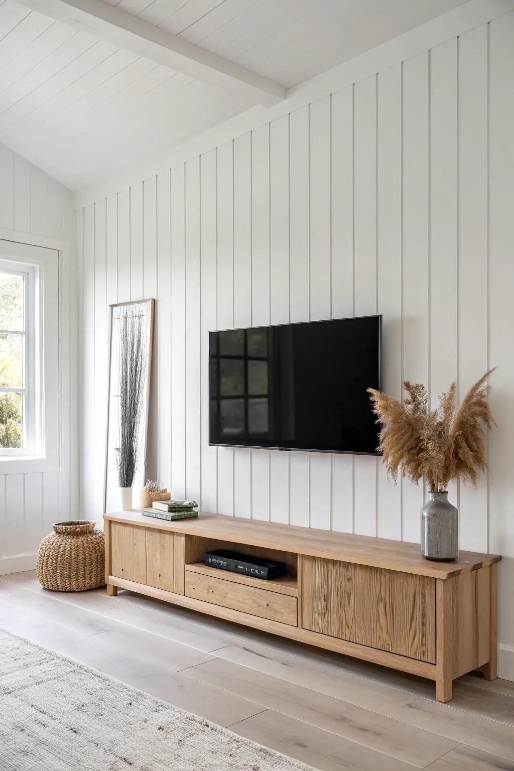 Board-and-batten TV feature wall: clean vertical lines, cozy oak accents, and high contrast.
