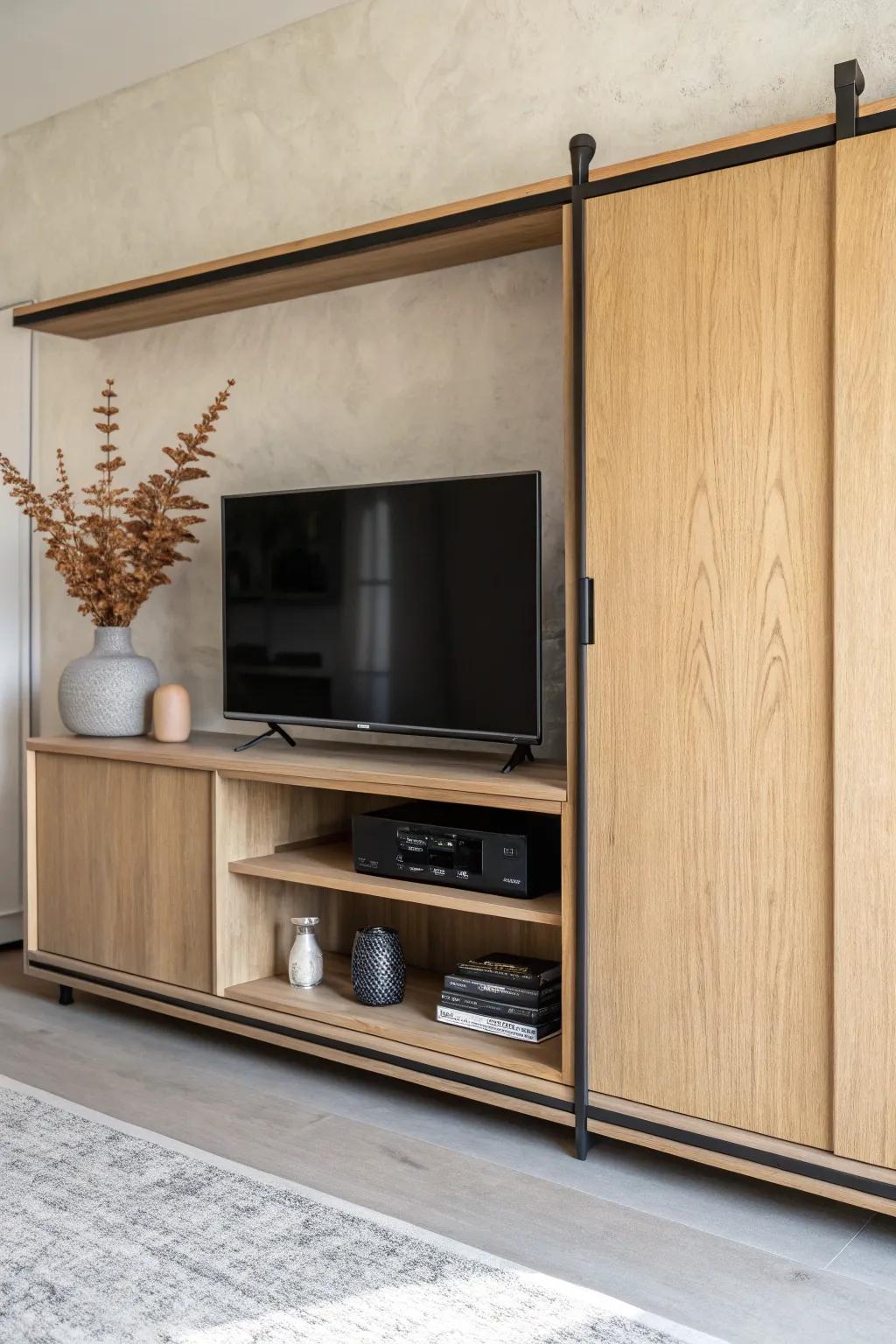Light-oak TV wall unit with sliding doors—hide media clutter fast in a calm electronics garage.