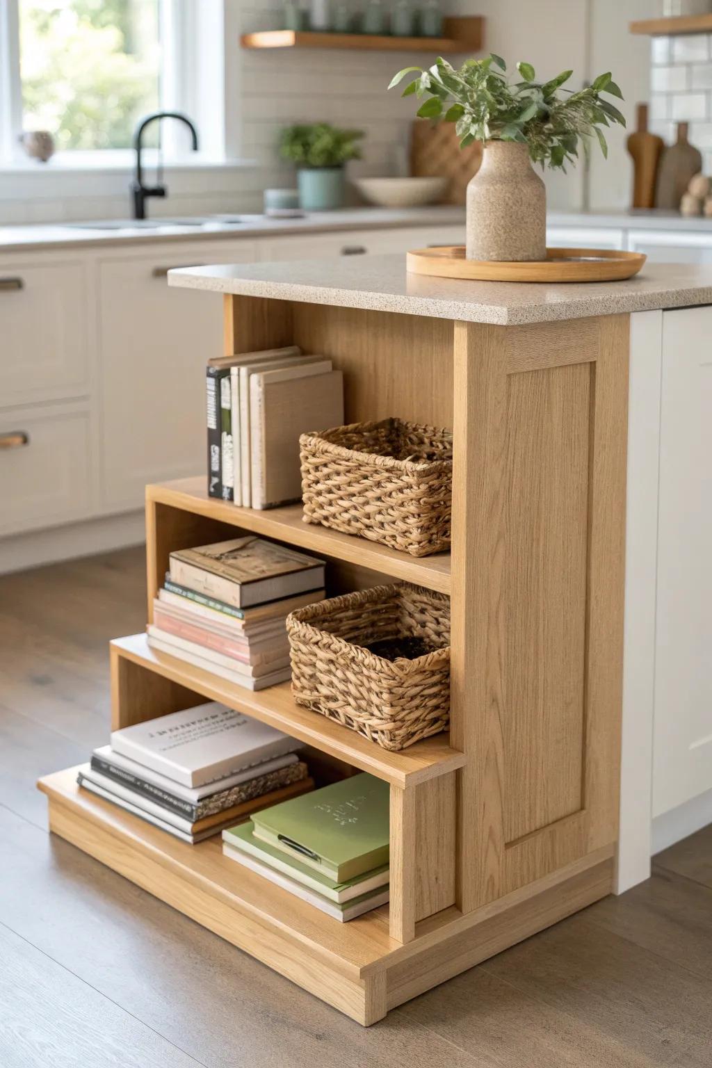 Turn the step into open cubbies—cookbooks, baskets, and boards that keep counters clear.
