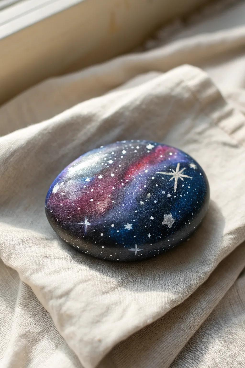 Capture the cosmos in your palm with this stunning galaxy rock art.
