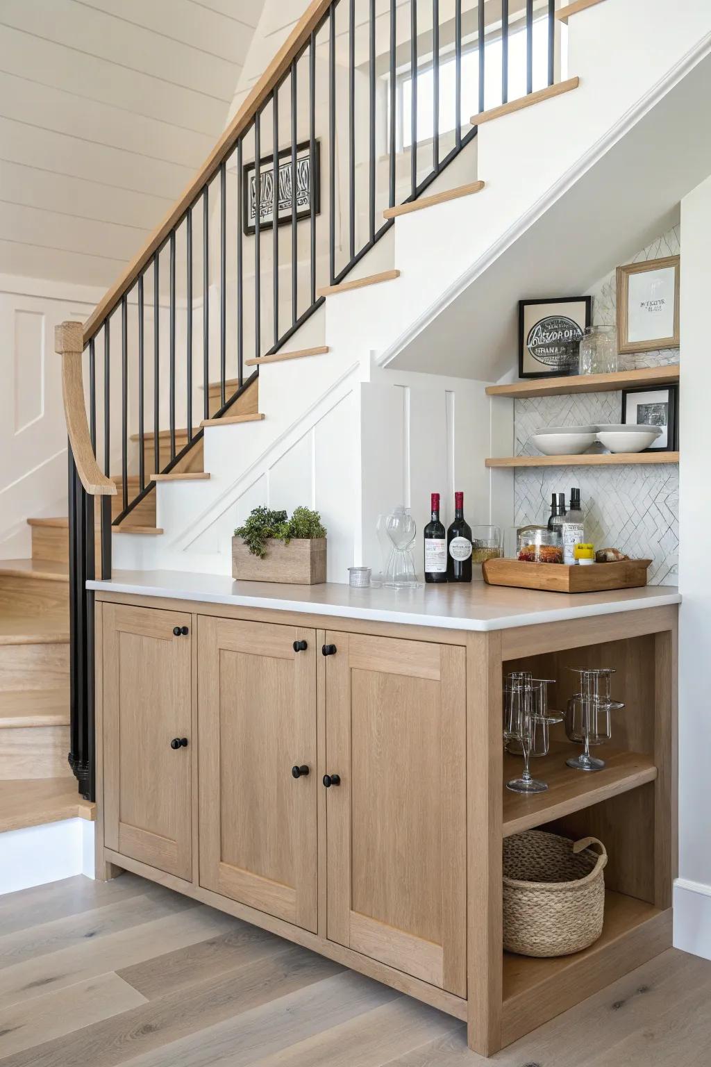Curved under-stairs beverage station in pale oak—sleek counter, hidden cabinets, cozy contrast.