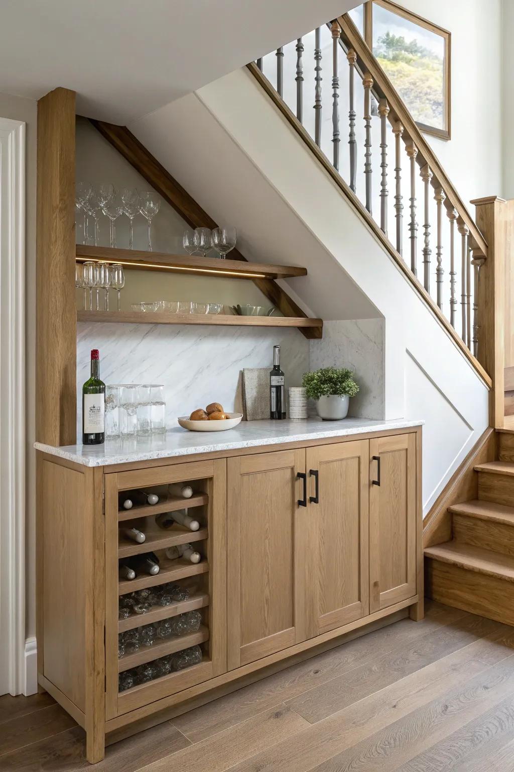 Under-stair dry bar with oak shelves—clean, cozy, and party-ready without plumbing.